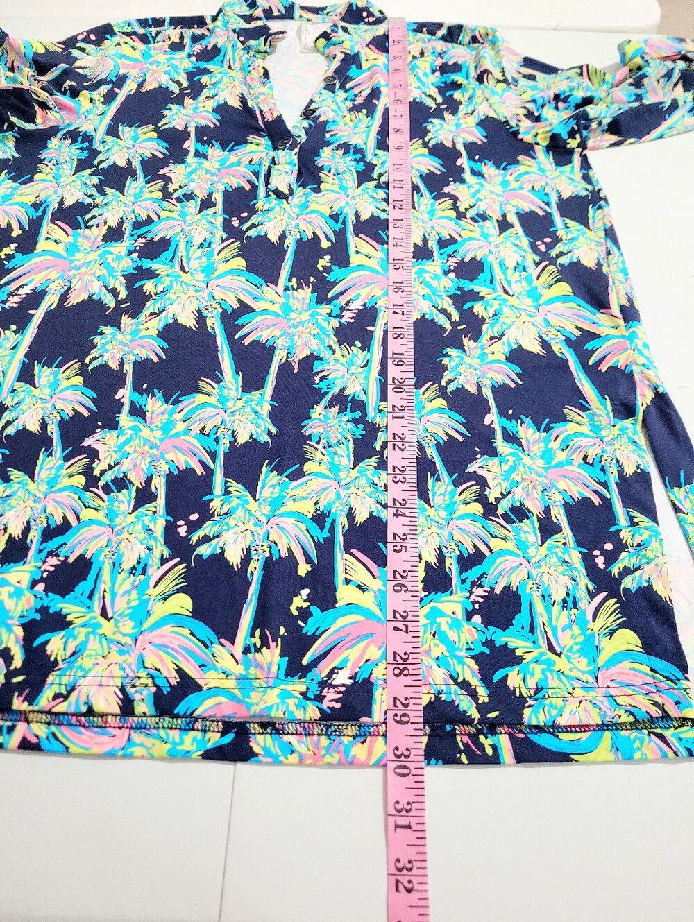 Lulu-B Tropical Palm Print Liquid Knit Tunic Top Large Navy Beach Cover Up - Picture 10 of 12